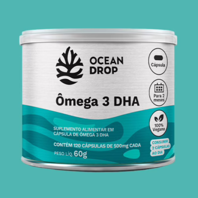 Frasco do Ômega 3 DHA OCEAN DROP com 60 cápsulas veganas de DHA