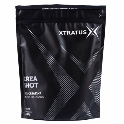 Crea Shot XTRATUS com 300g, rótulo escuro com destaques em vermelho